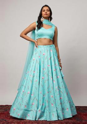 Turquoise Blue Printed Crepe Lehenga Set