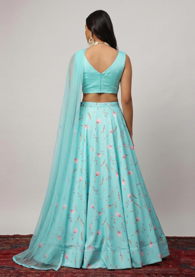 Turquoise Blue Printed Crepe Lehenga Set - Indya
