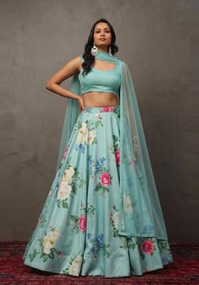Pastel Blue Printed Crepe Lehenga Set