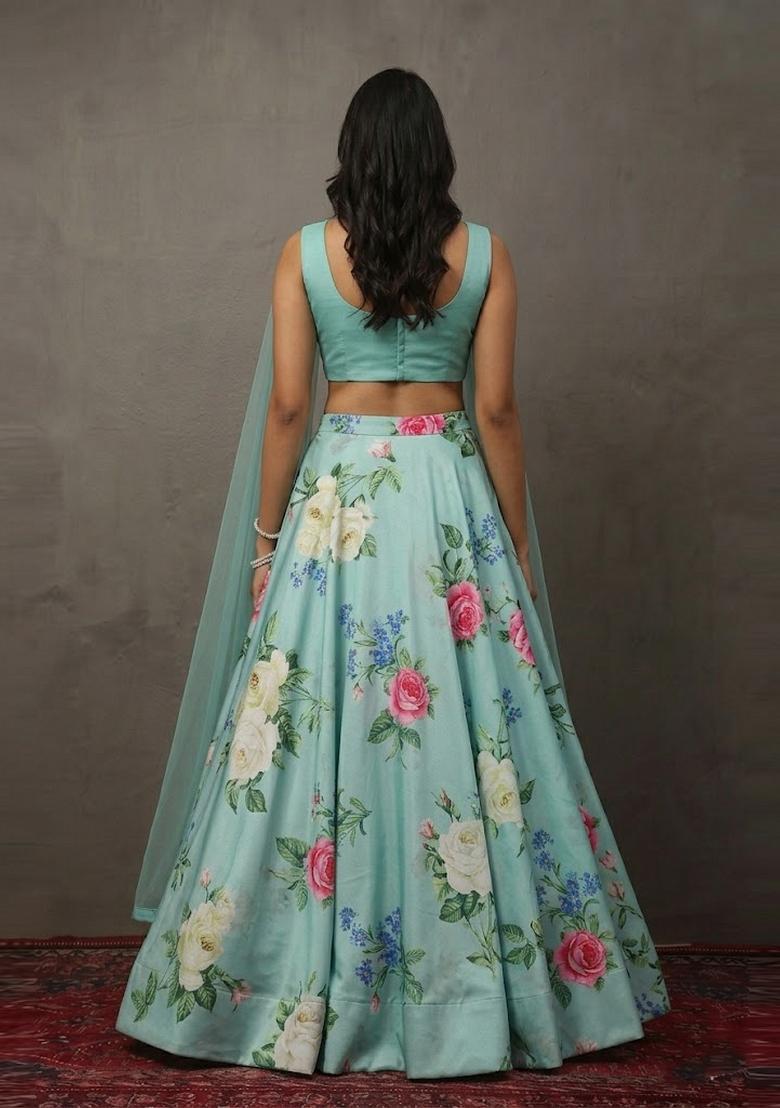 Pastel Blue Printed Crepe Lehenga Set - Indya