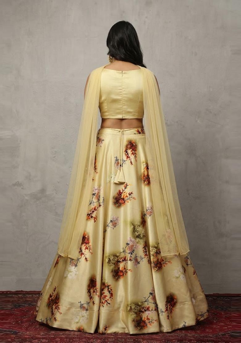 Gold Printed Crepe Lehenga Set - Indya