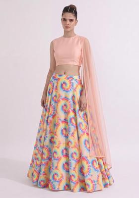 Pink Printed Crepe Lehenga Set