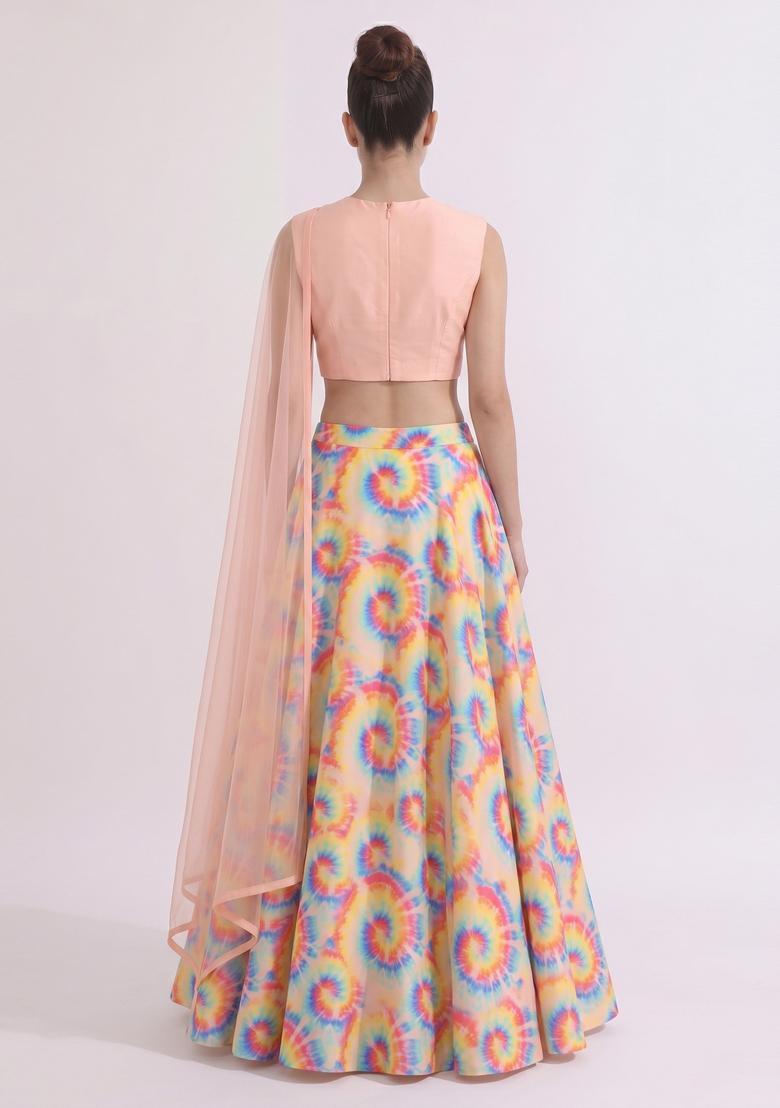 Pink Printed Crepe Lehenga Set - Indya