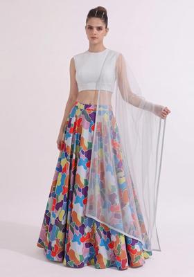 Multicolor Printed Crepe Lehenga Set