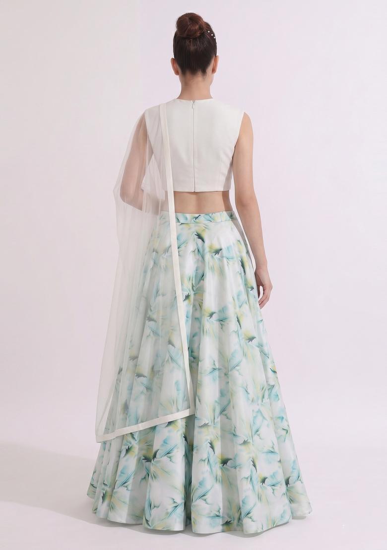 White Printed Crepe Lehenga Set - Indya