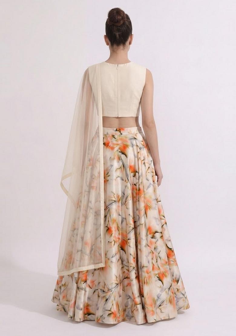 Cream Printed Crepe Lehenga Set - Indya