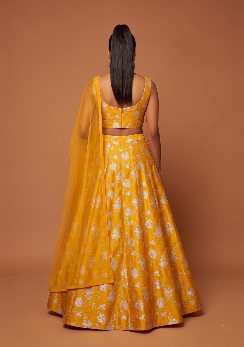 Mustard Embroidered Silk Blend Lehenga Set - Indya