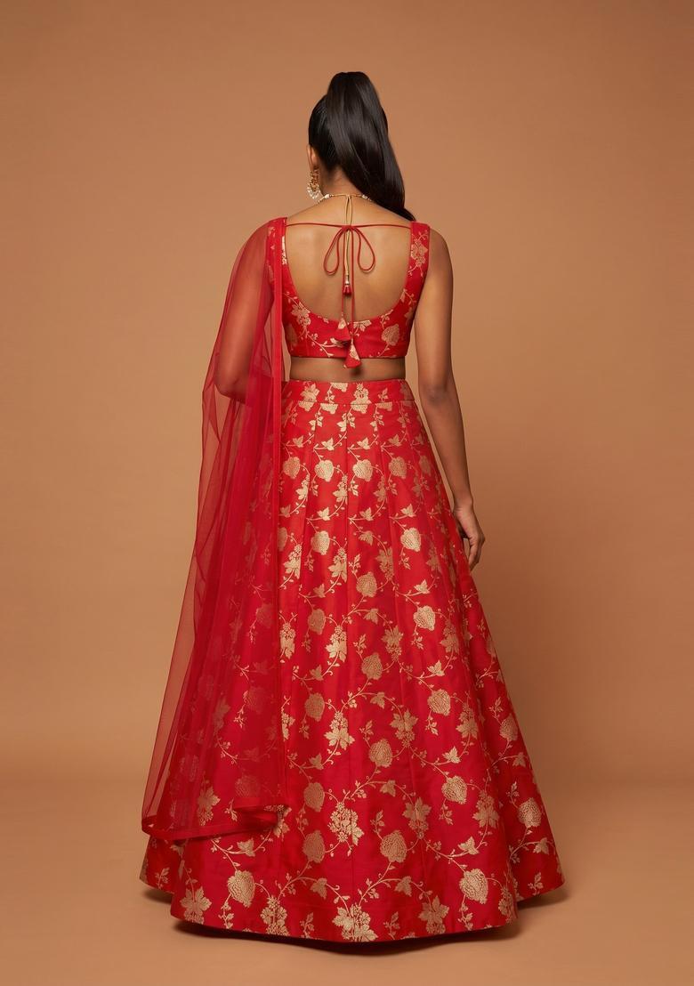 Bright Red Embroidered Silk Blend Lehenga Set - Indya