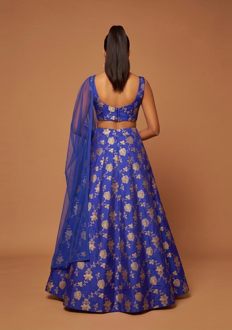 Royal Blue Embroidered Silk Blend Lehenga Set - Indya