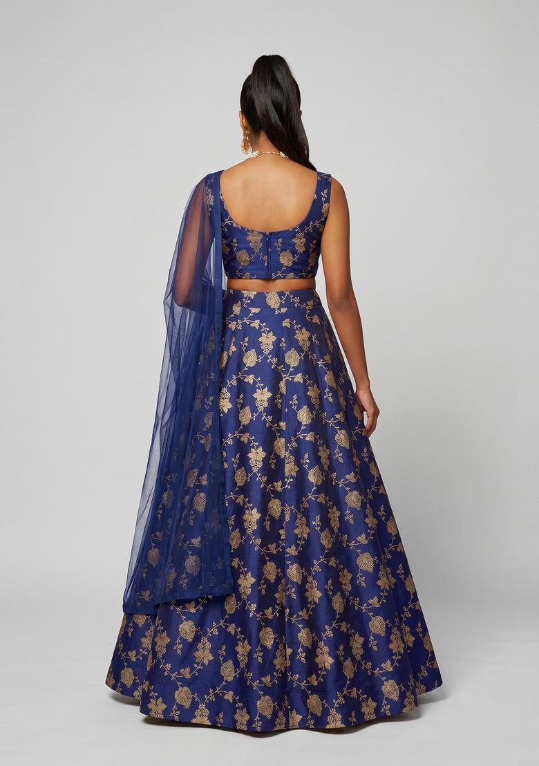 Navy Blue Embroidered Silk Blend Lehenga Set - Indya
