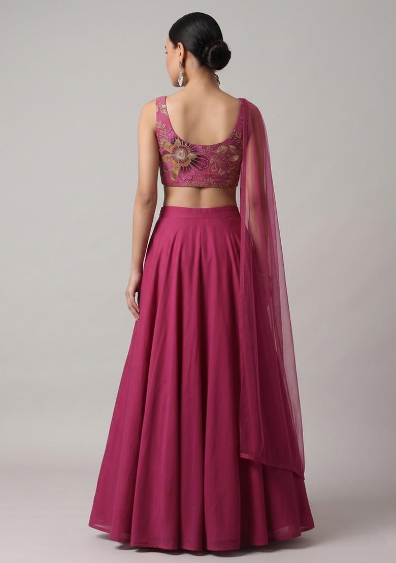 Magenta Embroidered Organza Lehenga Set - Indya