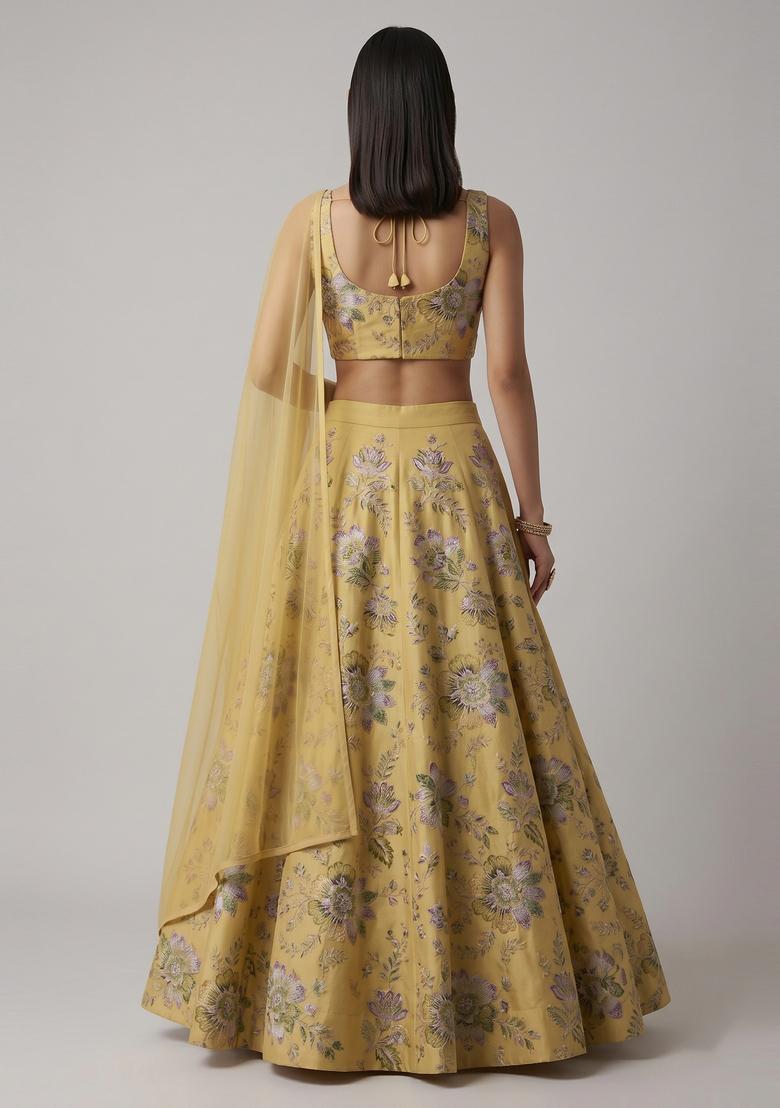 Mustard Embroidered Organza Lehenga Set - Indya