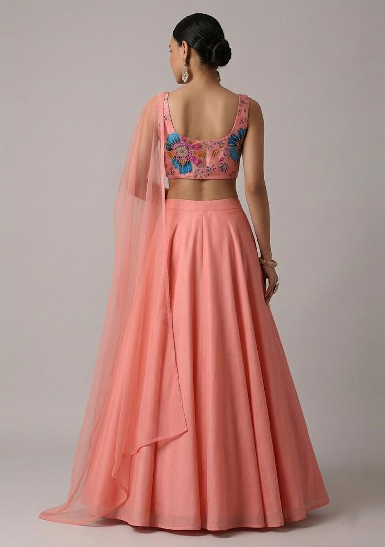 Peach Embroidered Organza Lehenga Set - Indya
