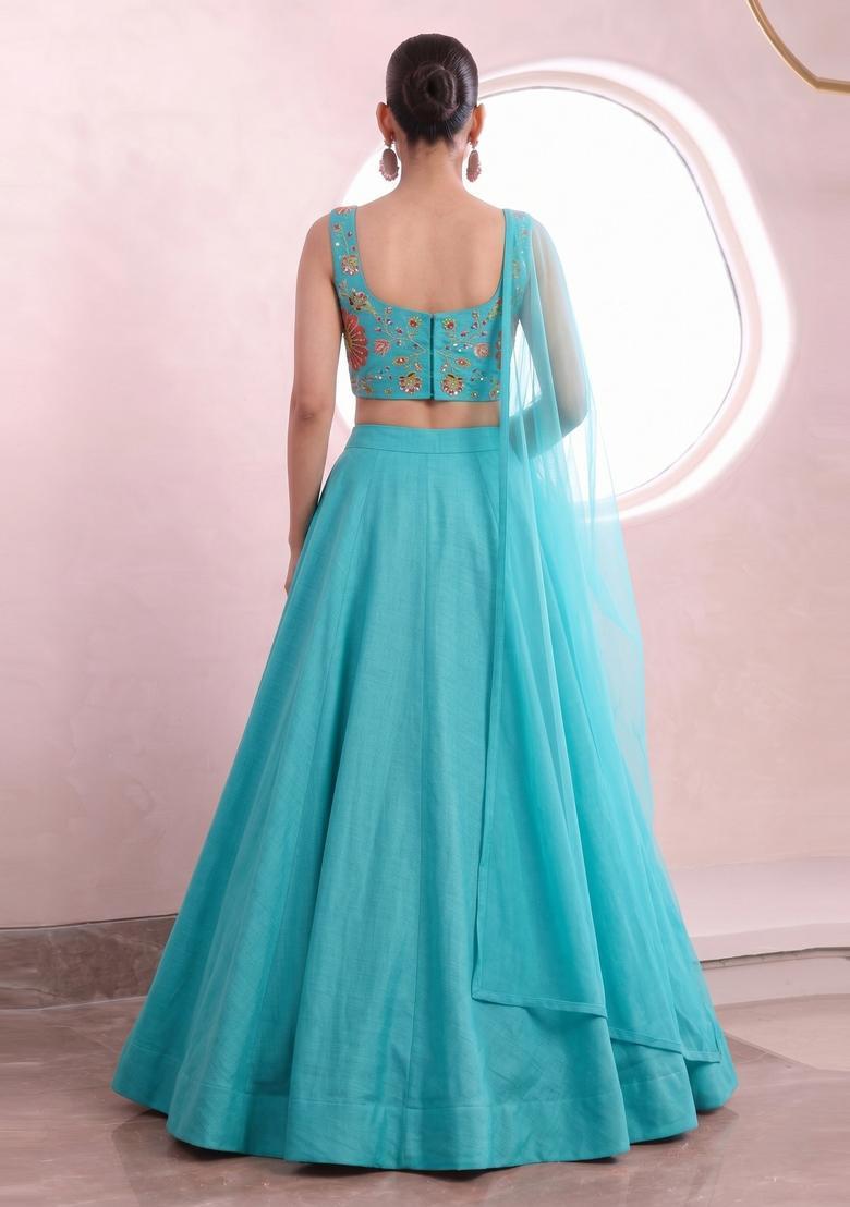 Turquoise Blue Embroidered Organza Lehenga Set - Indya