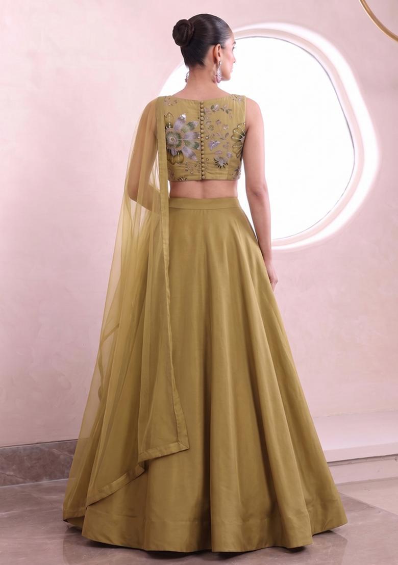Mustard Embroidered Organza Lehenga Set - Indya