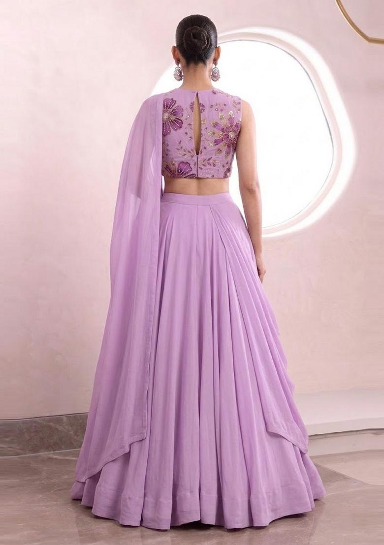 Lavender Embroidered Organza Lehenga Set - Indya