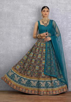 Blue Embroidered Silk Blend Lehenga Set