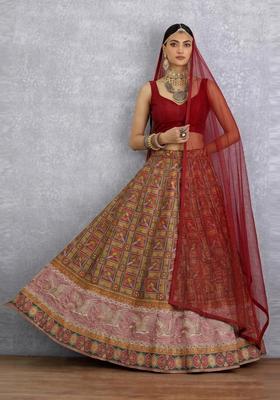 Maroon Printed Silk Blend Lehenga Set