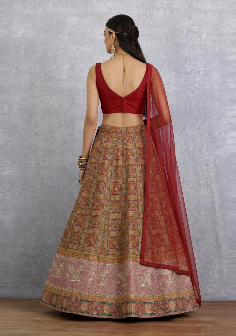Maroon Printed Silk Blend Lehenga Set - Indya