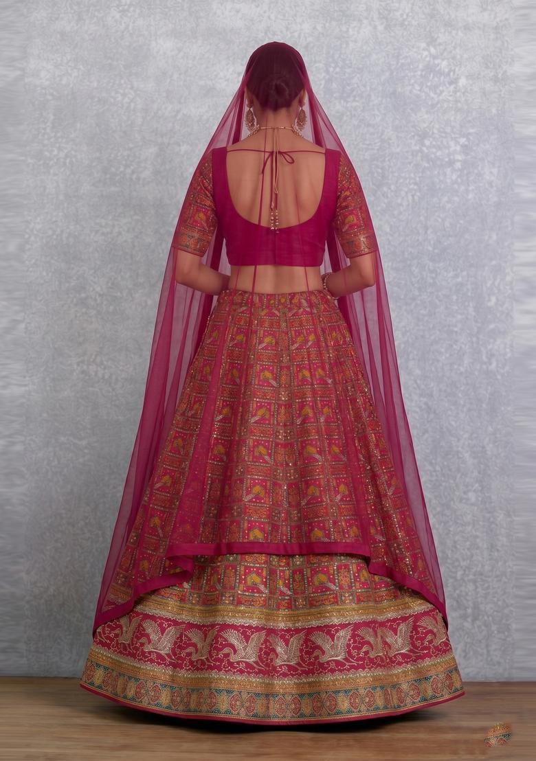 Magenta Printed Silk Blend Lehenga Set - Indya