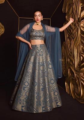 Steel Blue Printed Silk Blend Lehenga Set