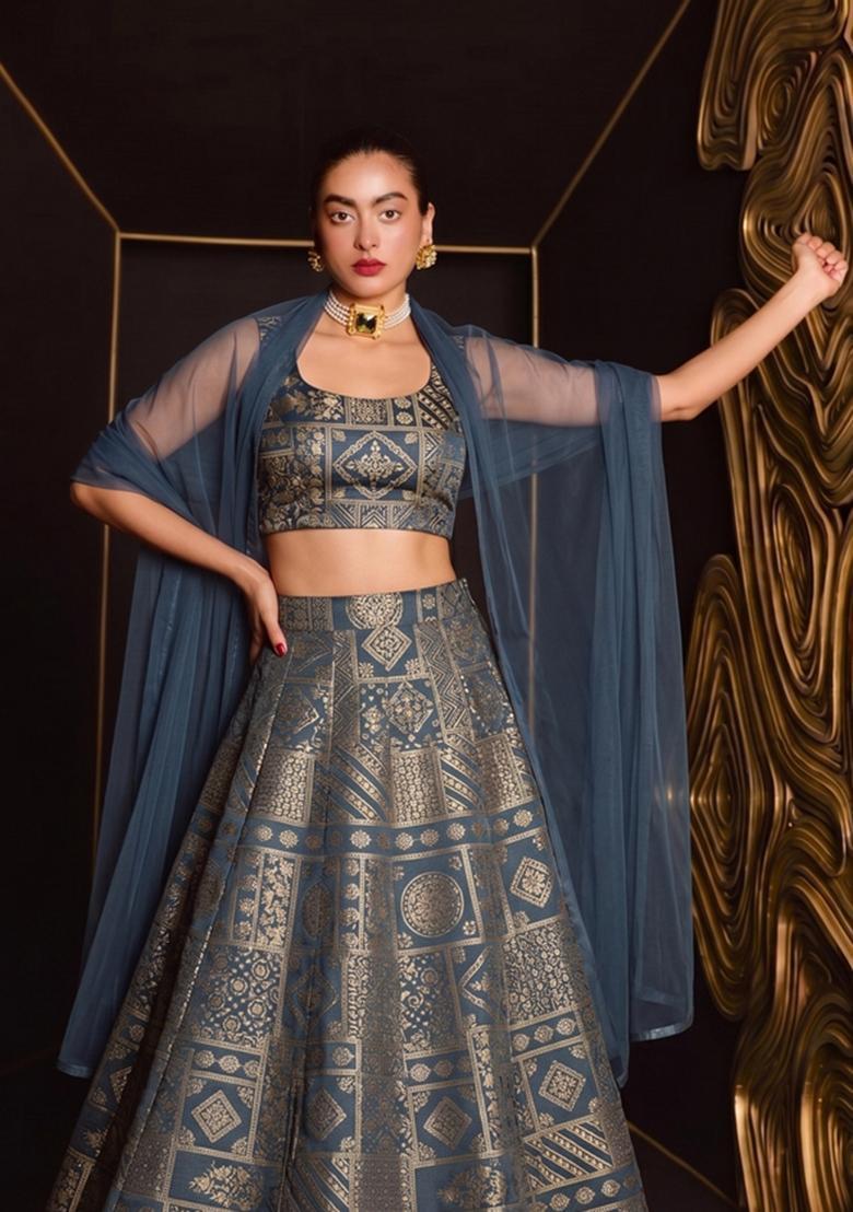 Steel Blue Printed Silk Blend Lehenga Set - Indya