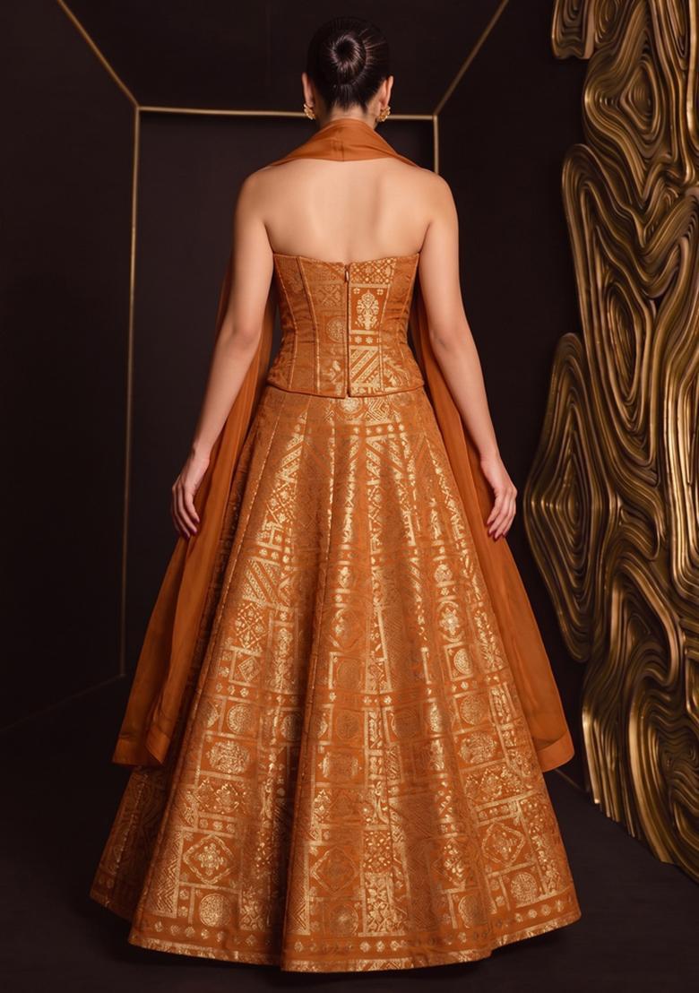 Burnt Orange Printed Silk Blend Lehenga Set - Indya