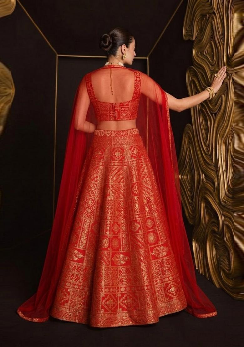 Crimson Red Printed Silk Blend Lehenga Set - Indya