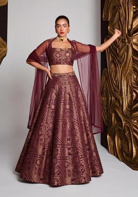 Deep Wine Printed Silk Blend Lehenga Set