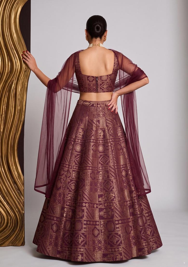 Deep Wine Printed Silk Blend Lehenga Set - Indya