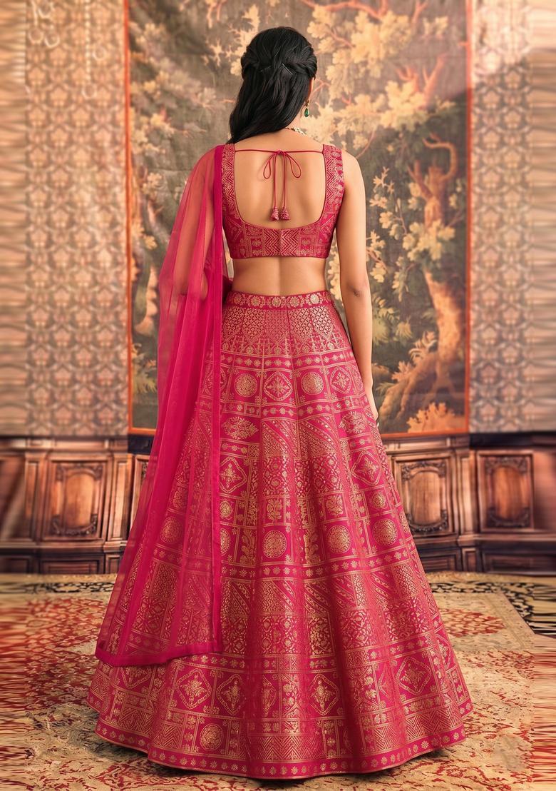 Fuchsia Pink Printed Silk Blend Lehenga Set - Indya