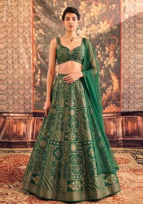 Emerald Green Printed Silk Blend Lehenga Set