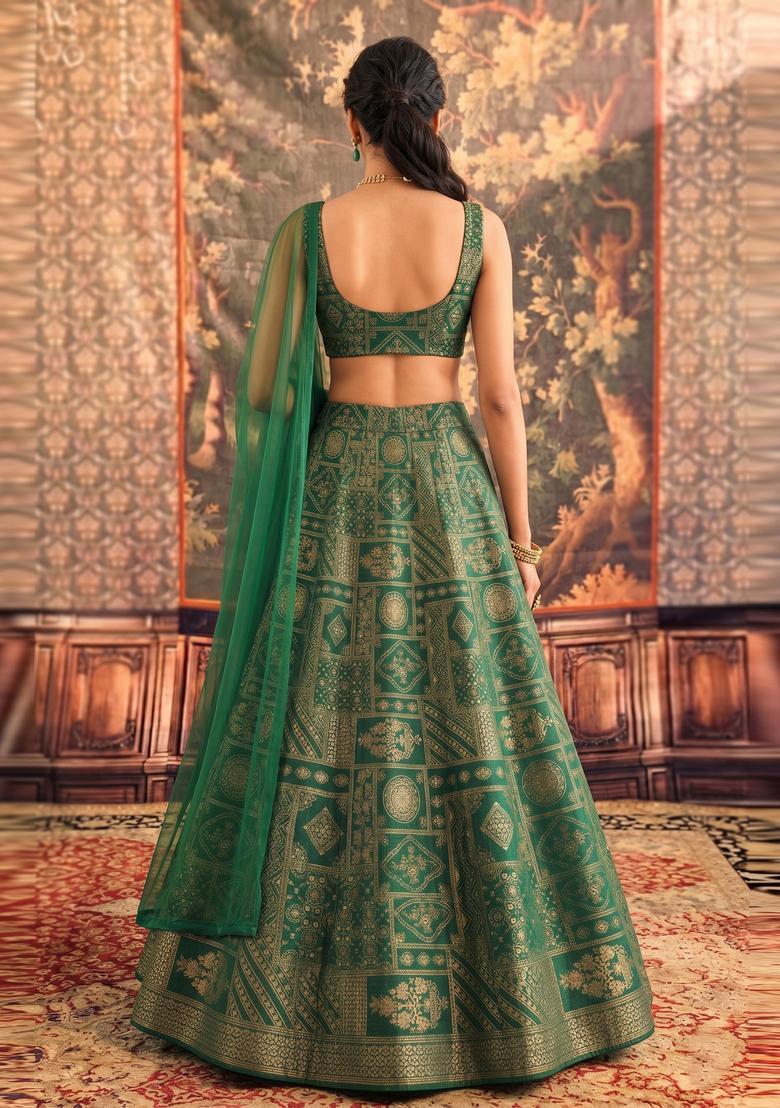 Emerald Green Printed Silk Blend Lehenga Set - Indya