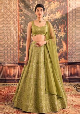 Olive Green Printed Silk Blend Lehenga Set