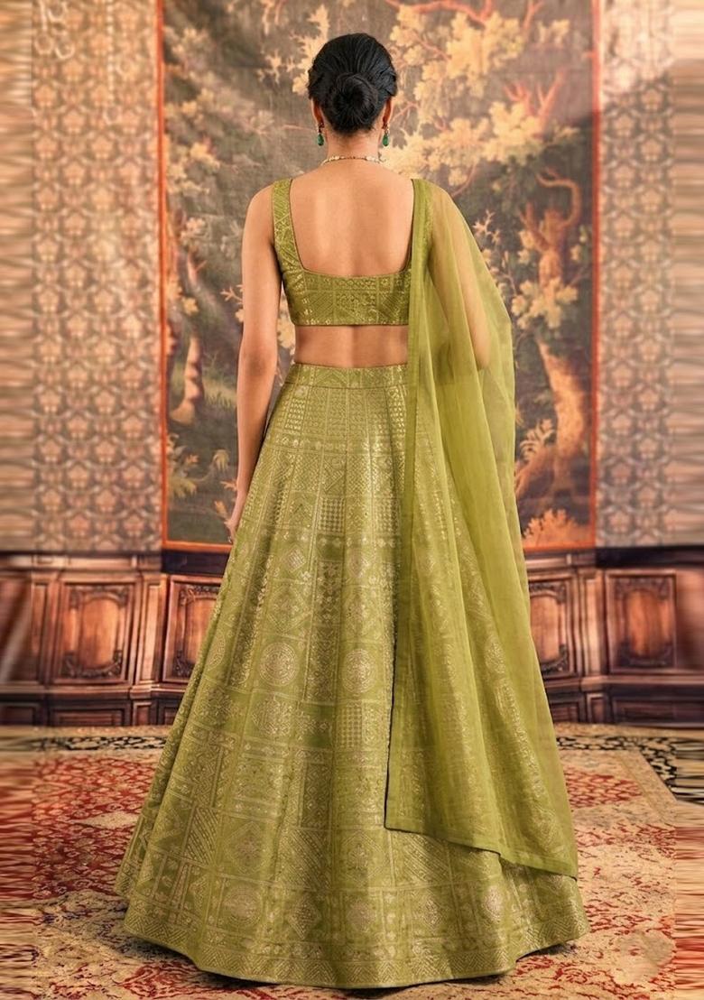 Olive Green Printed Silk Blend Lehenga Set - Indya
