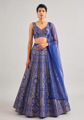 Royal Blue Printed Silk Blend Lehenga Set