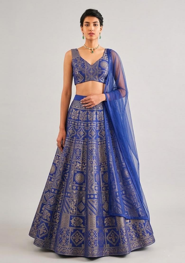 Royal Blue Printed Silk Blend Lehenga Set - Indya