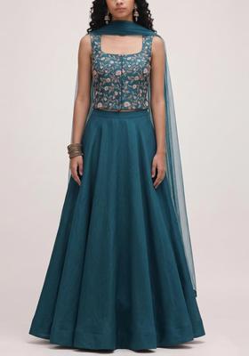 Teal Printed Tissue Lehenga Set