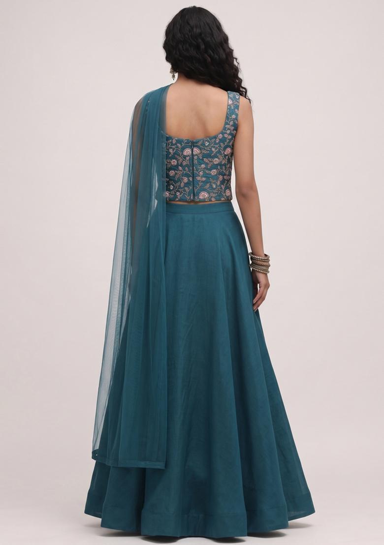 Teal Printed Tissue Lehenga Set - Indya