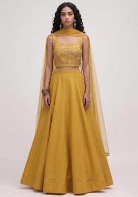 Mustard Embroidered Tissue Lehenga Set