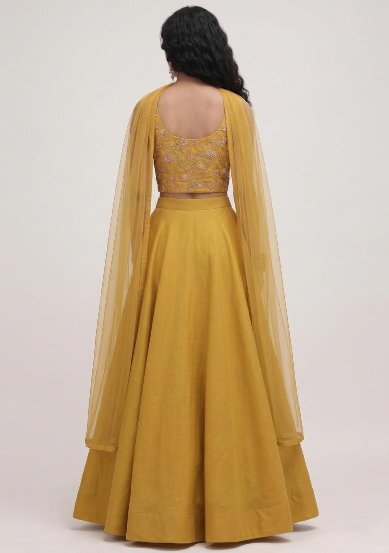 Mustard Embroidered Tissue Lehenga Set - Indya