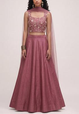 Mauve Pink Embroidered Tissue Lehenga Set
