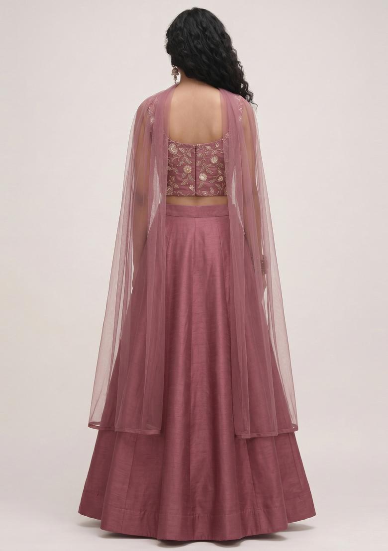 Mauve Pink Embroidered Tissue Lehenga Set - Indya
