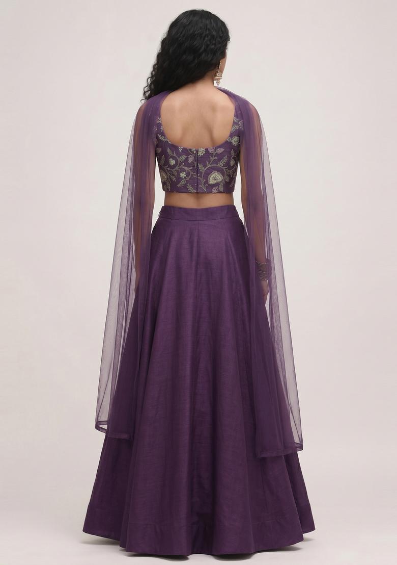 Deep Purple Embroidered Tissue Lehenga Set - Indya
