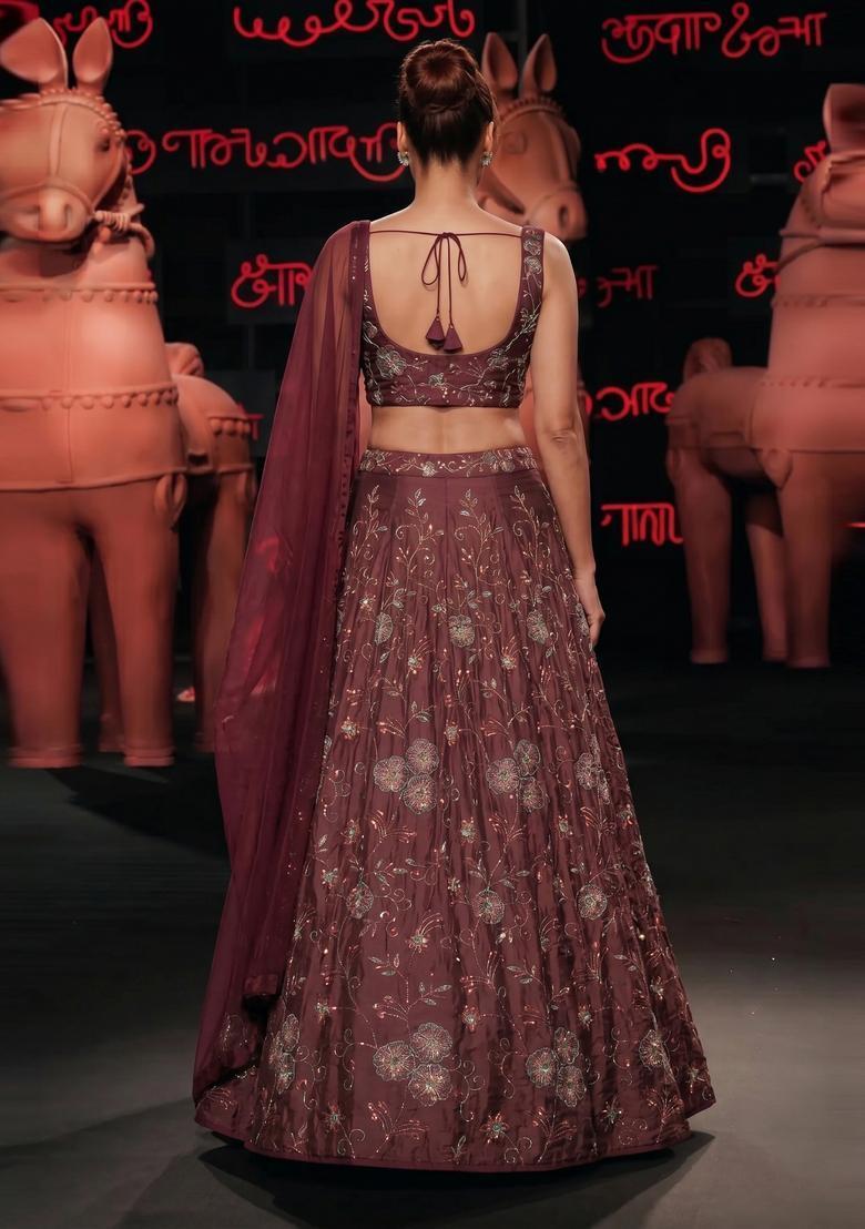 Mauve Embroidered Crepe Lehenga Set - Indya