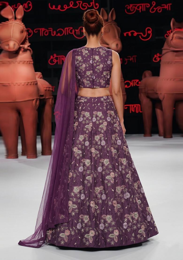 Deep Purple Embroidered Crepe Lehenga Set - Indya