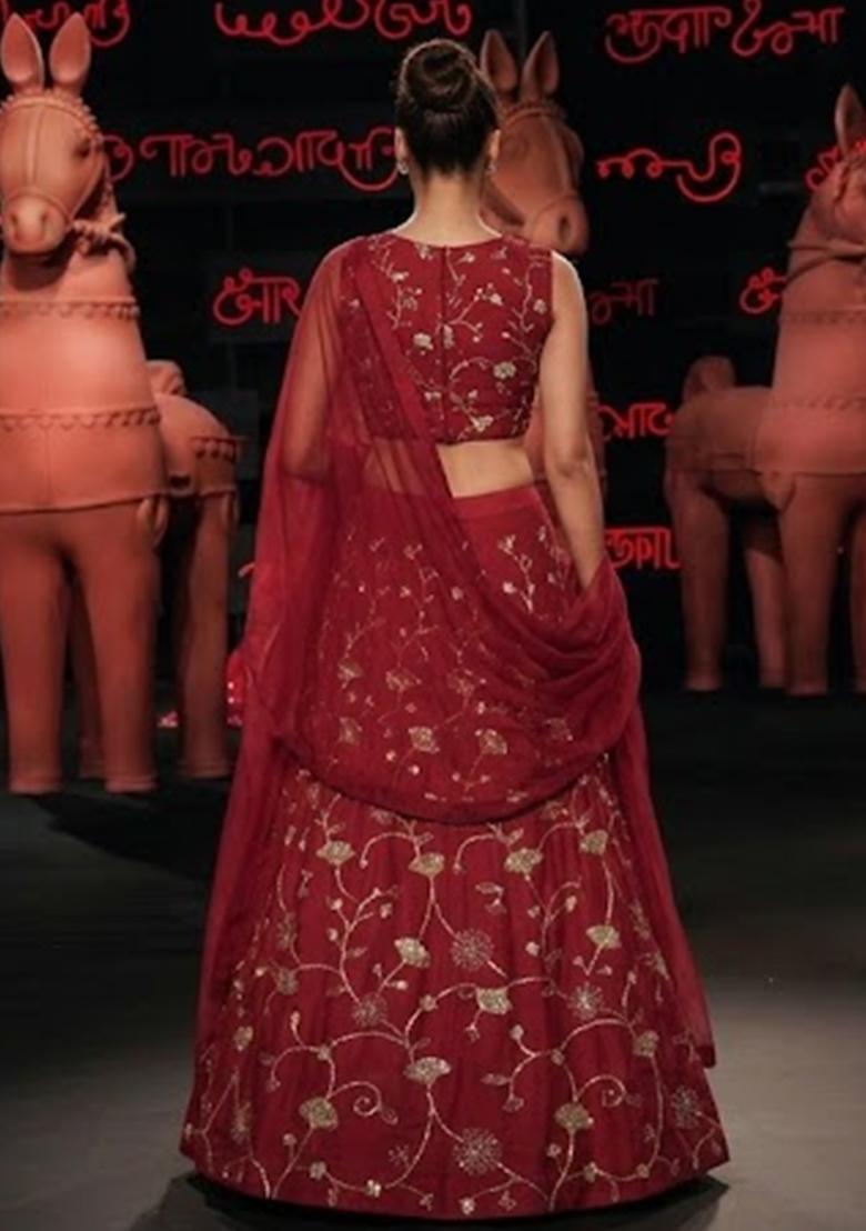 Deep Red Embroidered Crepe Lehenga Set - Indya
