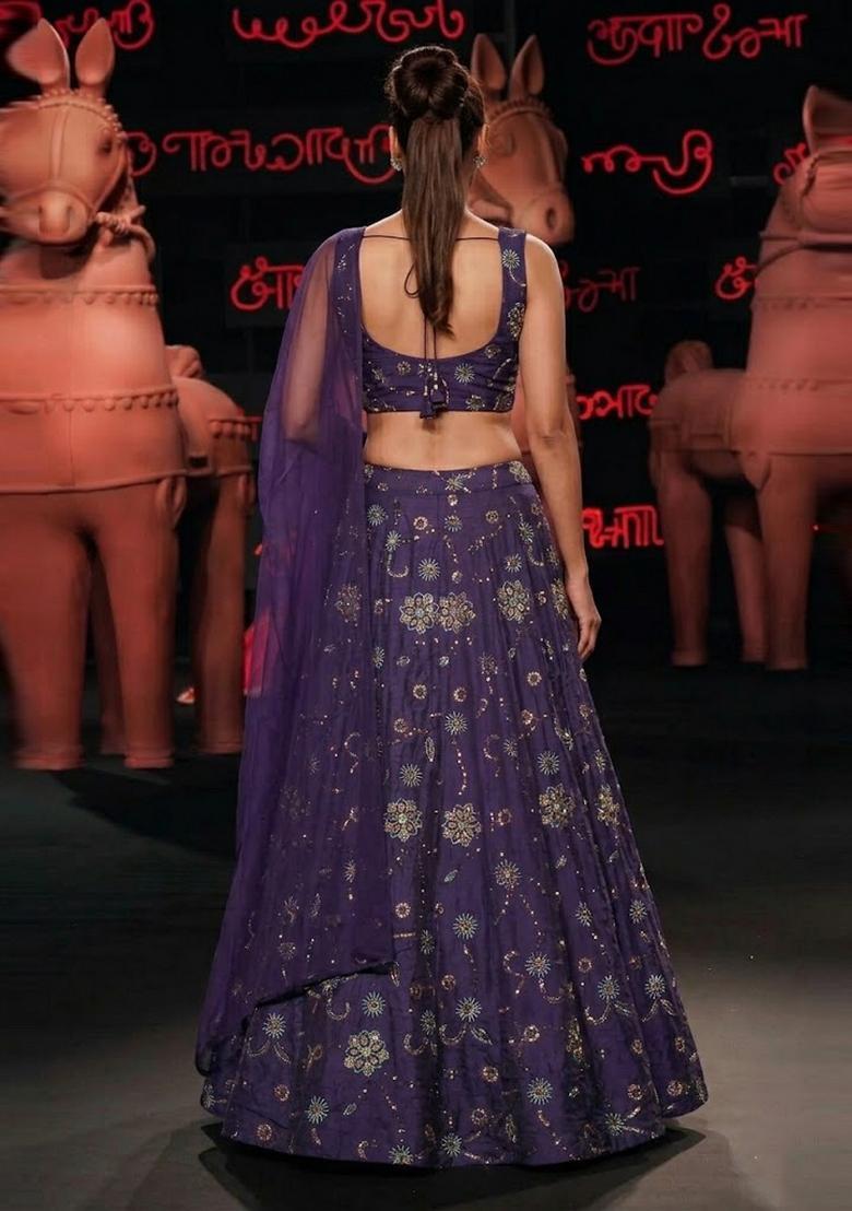 Deep Purple Embroidered Crepe Lehenga Set - Indya