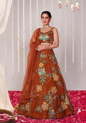 Rust Embroidered Organza Lehenga Set