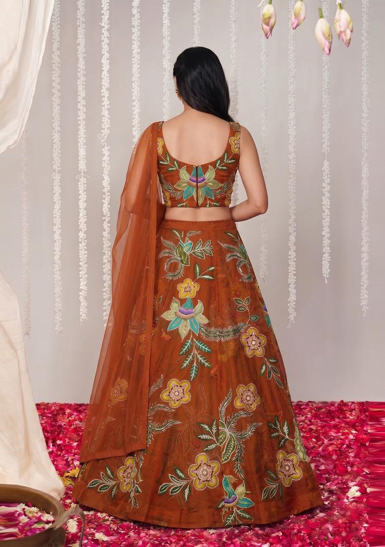 Rust Embroidered Organza Lehenga Set - Indya